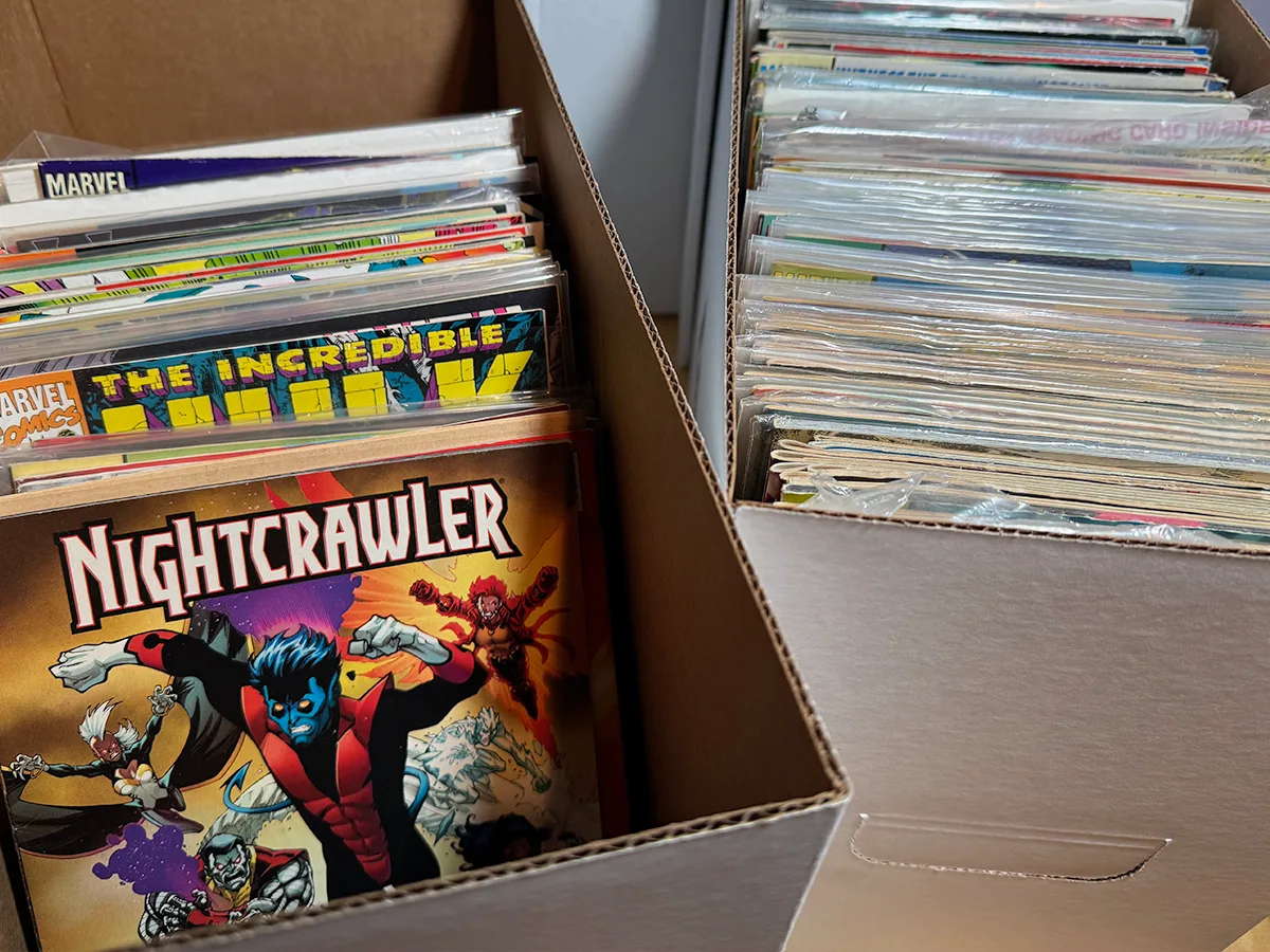 Boxes of comics waiting to be sorted